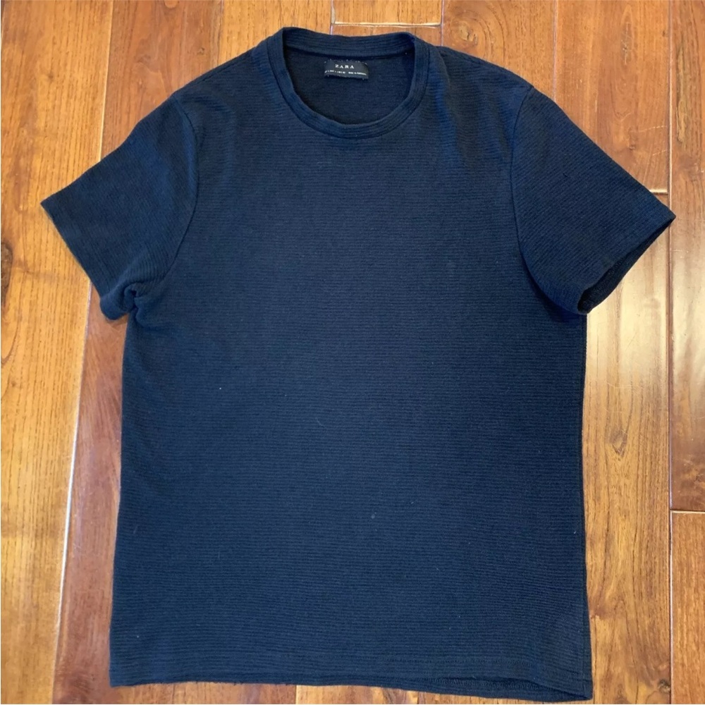 Zara Black T-Shirt Men's Large Short Sleeve Textured Ribbed Stretch Minimalist